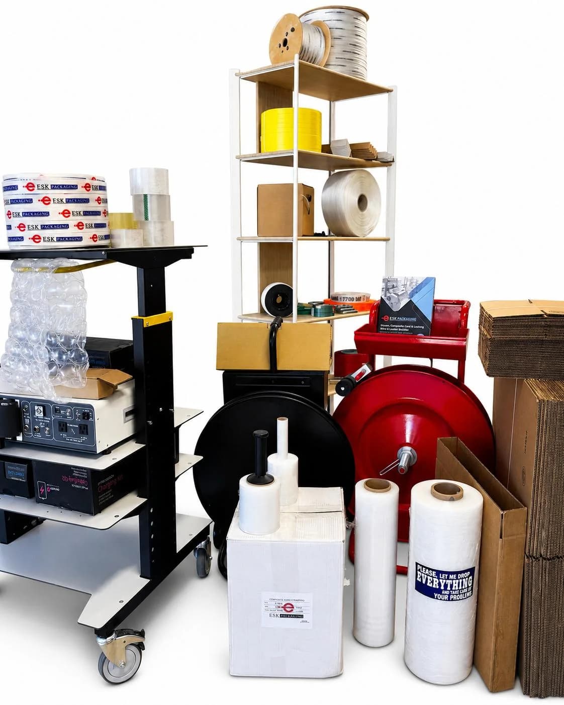 ESK Packaging product range: corrugated boxes, PET and cord strapping coils, stretch film rolls, ESK-branded packing tape, clear tape, bubble cushioning, strapping dispenser carts and packaging equipment
