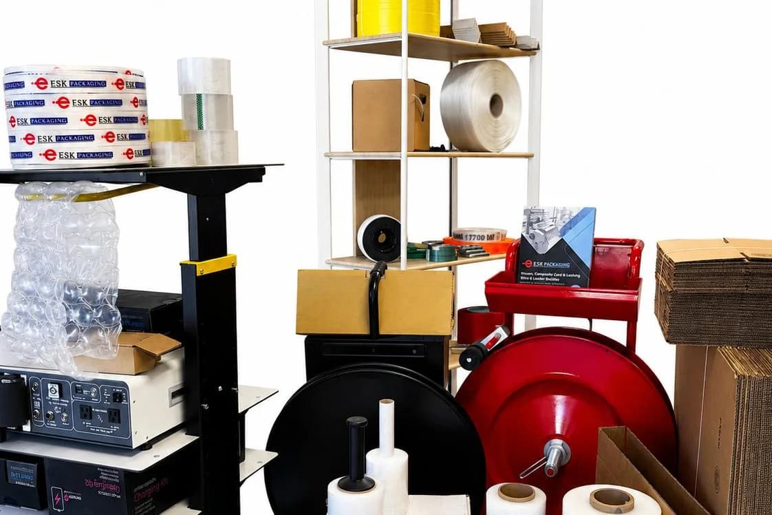 ESK Packaging product range: corrugated boxes, PET and cord strapping coils, stretch film rolls, ESK-branded packing tape, clear tape, bubble cushioning, strapping dispenser carts and packaging equipment