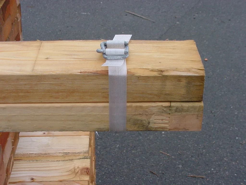 Lumber bundle secured with composite cord strapping and a wire buckle